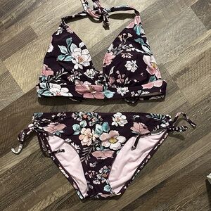 Kona Sol Floral Bikini Set in Plum with Pink & Teal Accents